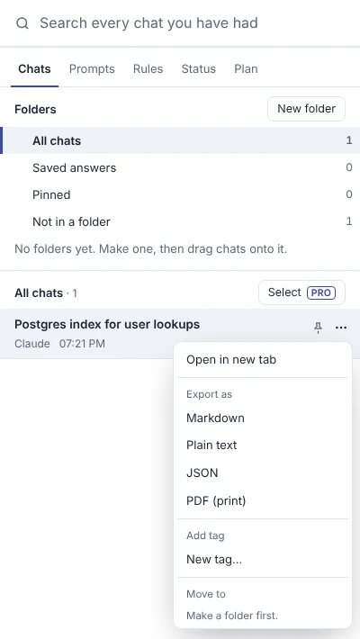 TidyTalk chat menu with Export as Markdown, Plain text, JSON and PDF (print)