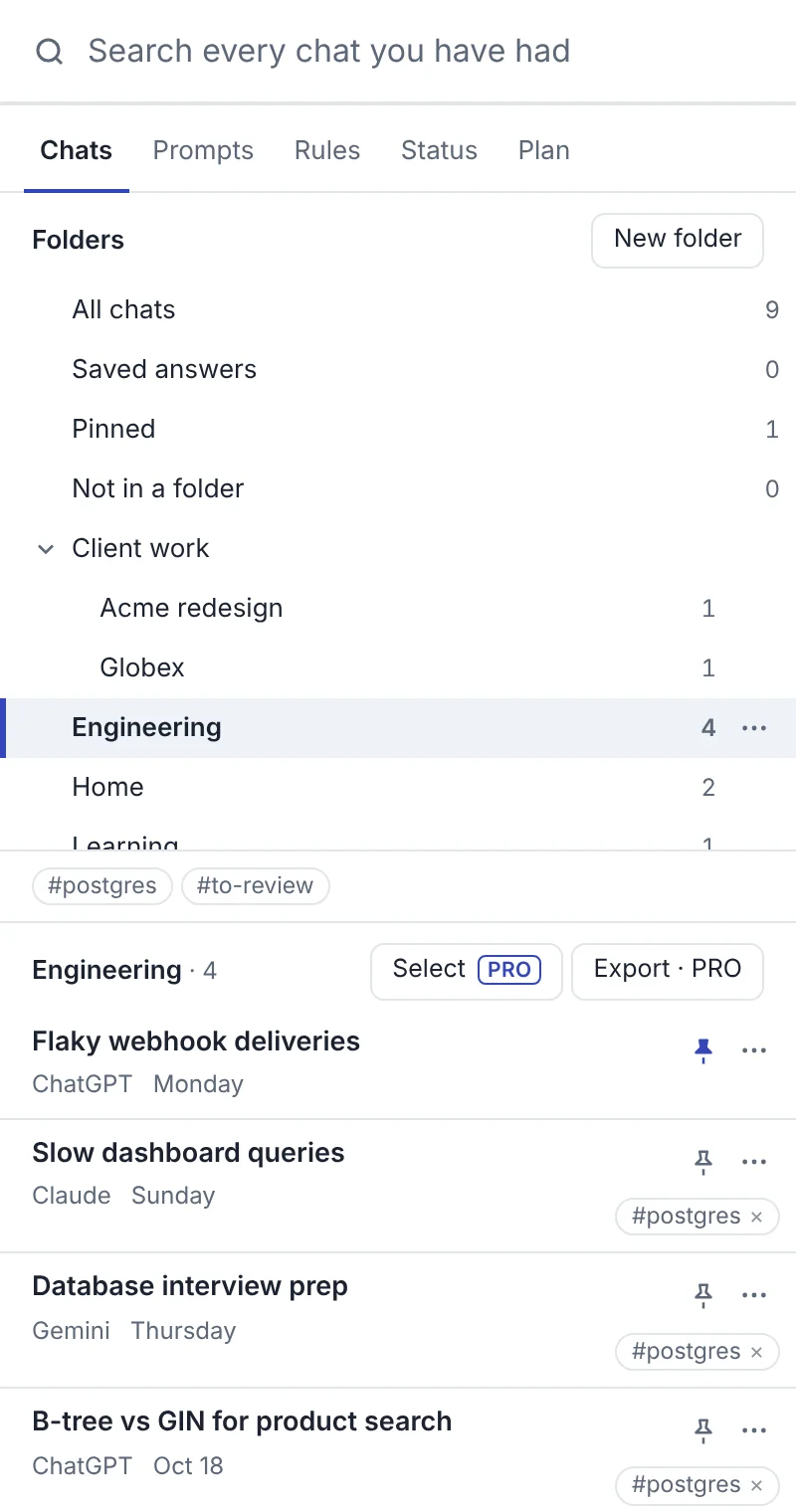 TidyTalk side panel with nested folders such as Client work, Acme redesign and Proposals, tags, and a chat list
