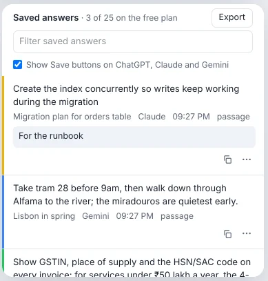TidyTalk Saved answers list showing saved passages with the chat title, app and date, a note, tags and colours