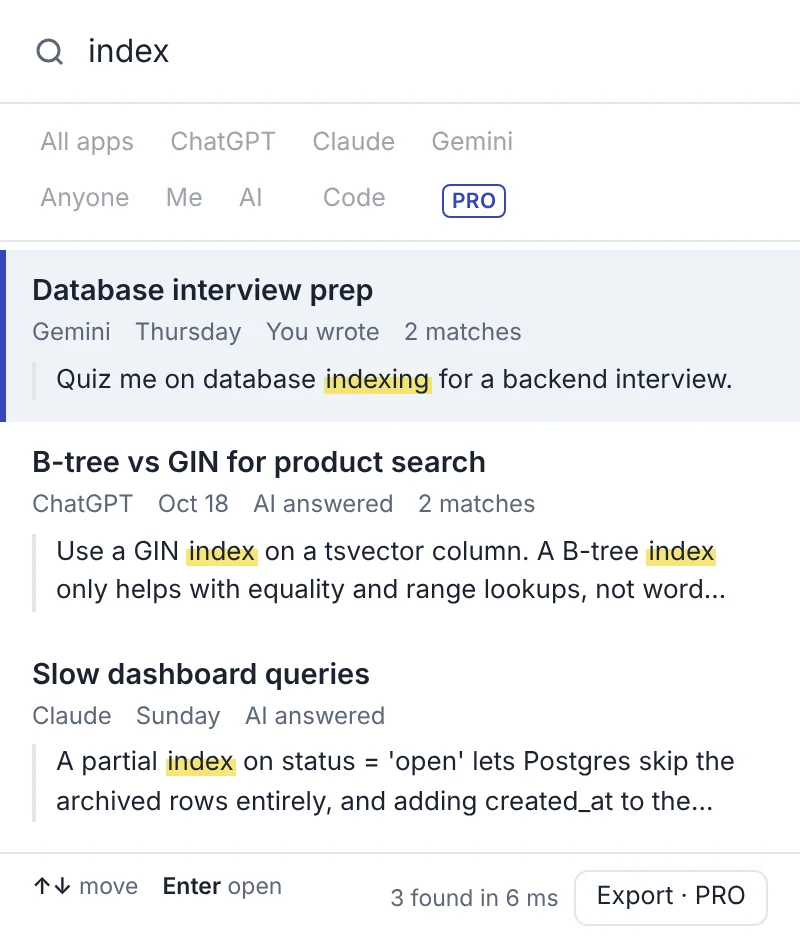 TidyTalk search for “index” showing matching messages from Gemini, ChatGPT and Claude, with the words highlighted, who wrote each message, and filters for app and author
